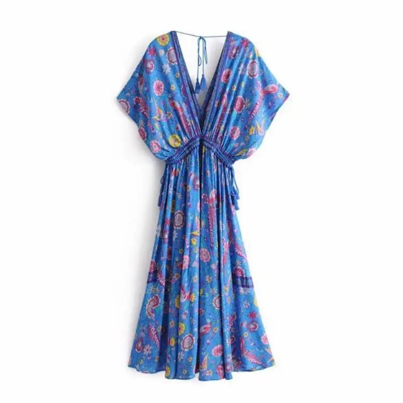 Wild Peacock & Flowers V-Neck Maxi Dress