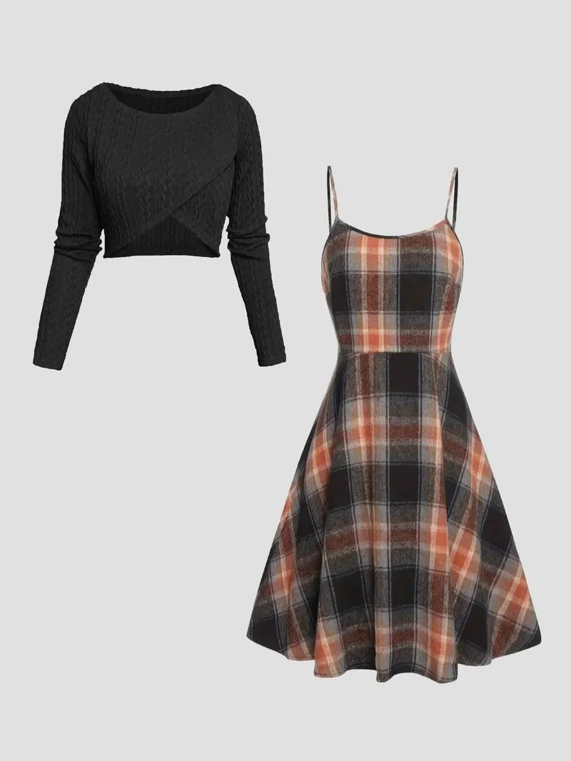 Women's Solid Wrap Hem Round Neck Textured Long Sleeve Crop Top & Plaid Print A-Line Dress Set