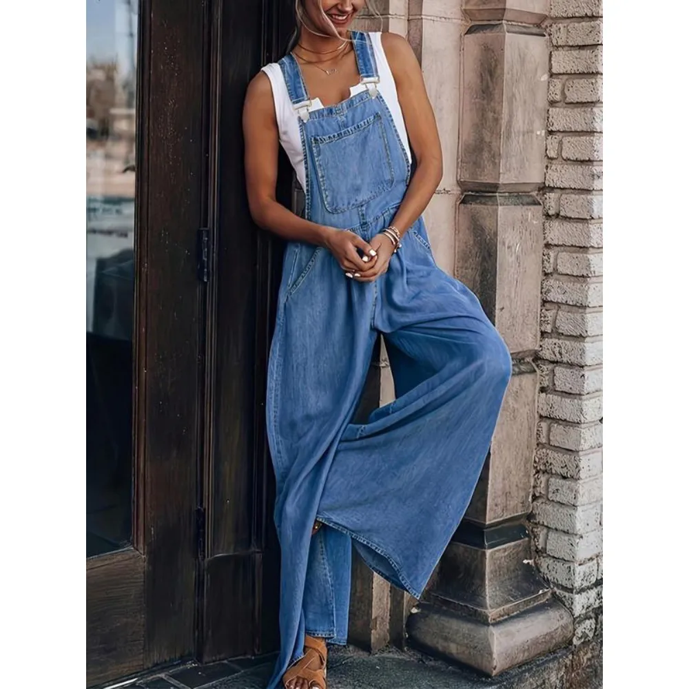 Women's Denim-Effect Print Plicated Wide Leg Overalls Jumpsuit