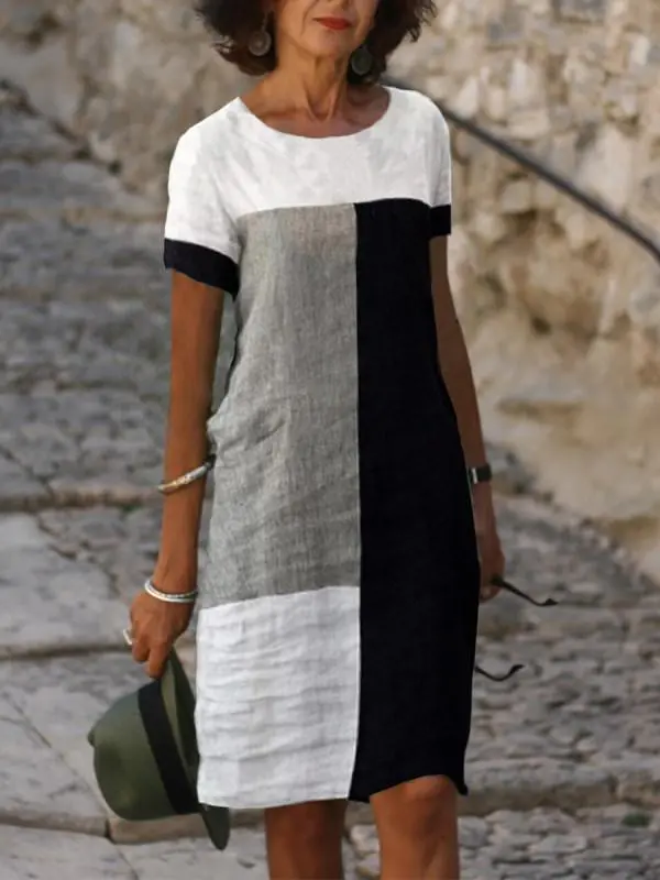 Check Print Round Neck Short Sleeve Dress