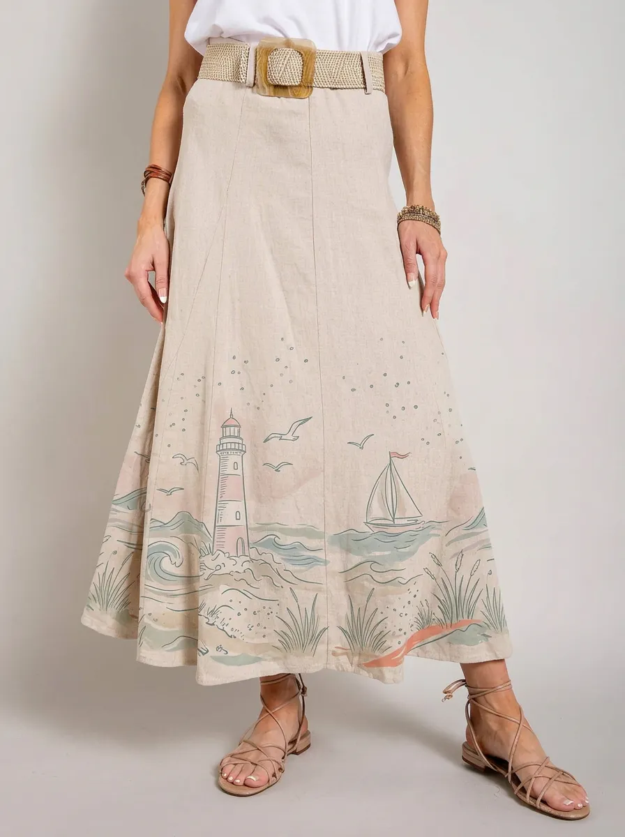 Women's Nautical Seaside Lighthouse Sailboat Printed Maxi Skirt