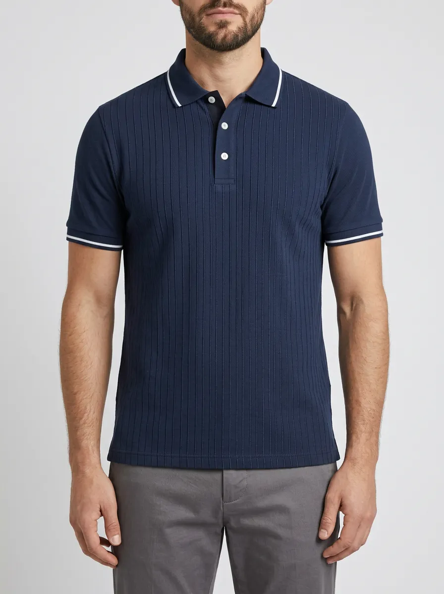 Men's Navy Blue Vertical Ribbed Pattern Printed Polo Shirt
