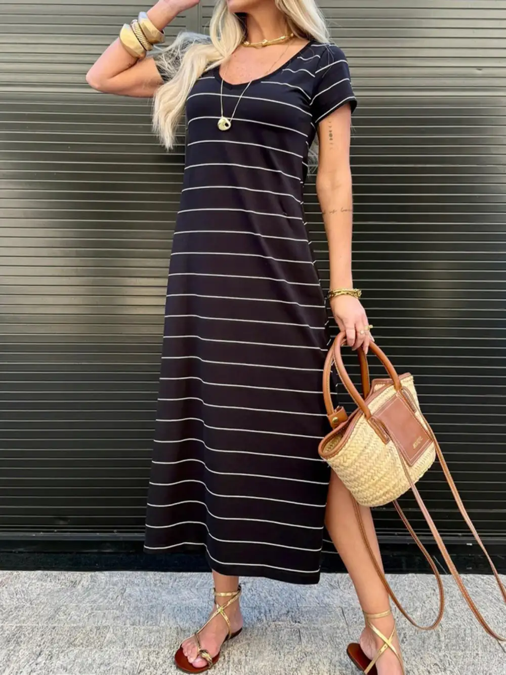 Striped Slit Midi Dress