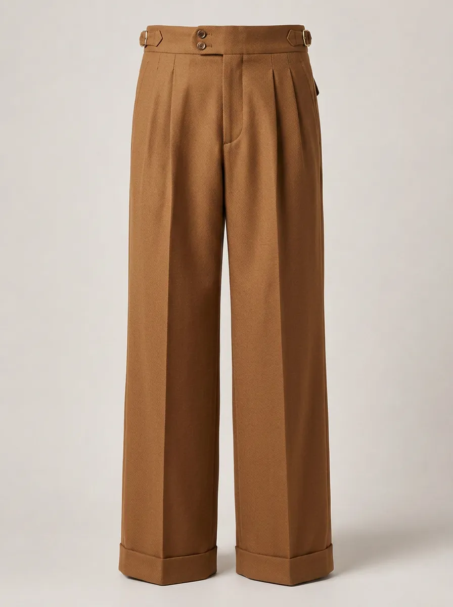 Men's Brown Pleated Side-Adjuster Wool Trousers