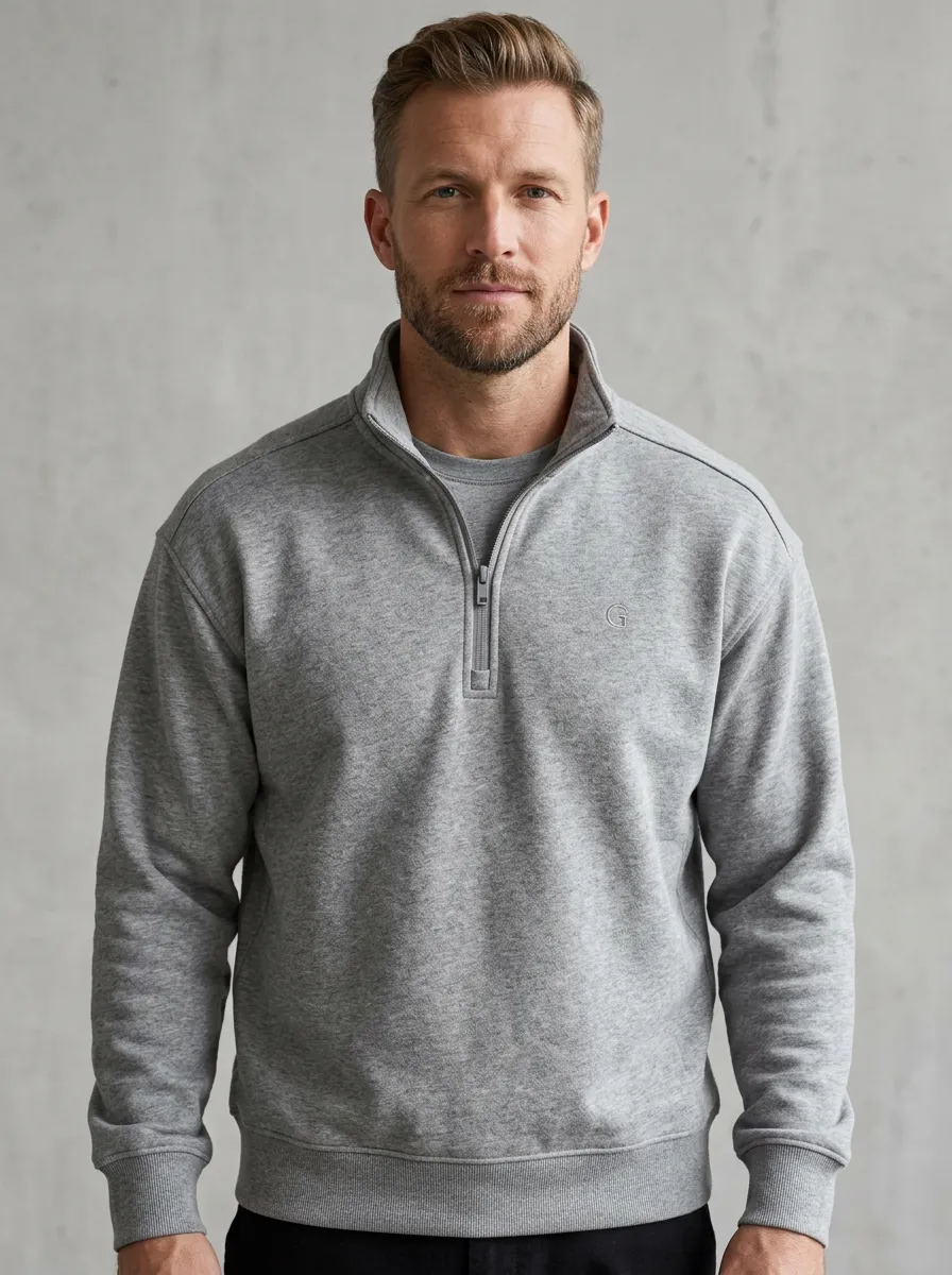 Men's Urban Minimalist Textured Embroidered Emblem Quarter-Zip Sweatshirt