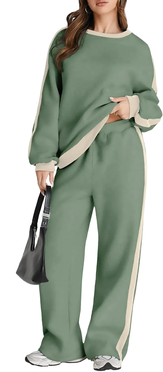 Women's 2 Piece Outfit Fleece Sweatsuit Casual Lounge Matching Sets Crewneck Loose Fit Cozy Sweatshirt & Straight Leg Sweatpants Womenswear Clothes Chic