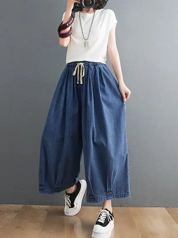 Artistic Retro Minimal Relaxed Fit Wide Leg Drawstring Jeans
