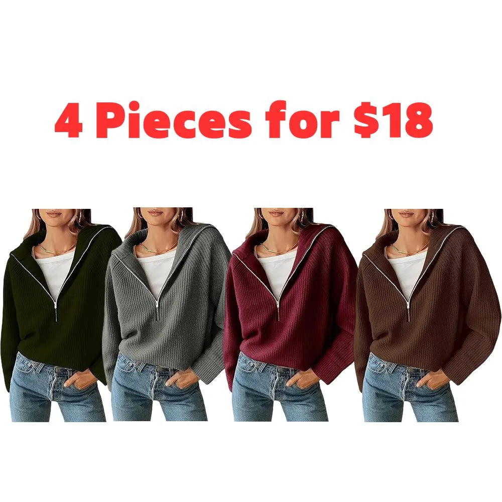 🔥Last day promotion⏰Women's 2525 Quarter Zip Pullover V Neck Collar Long Sleeve Ribbed Knit Loose Casual Sweater