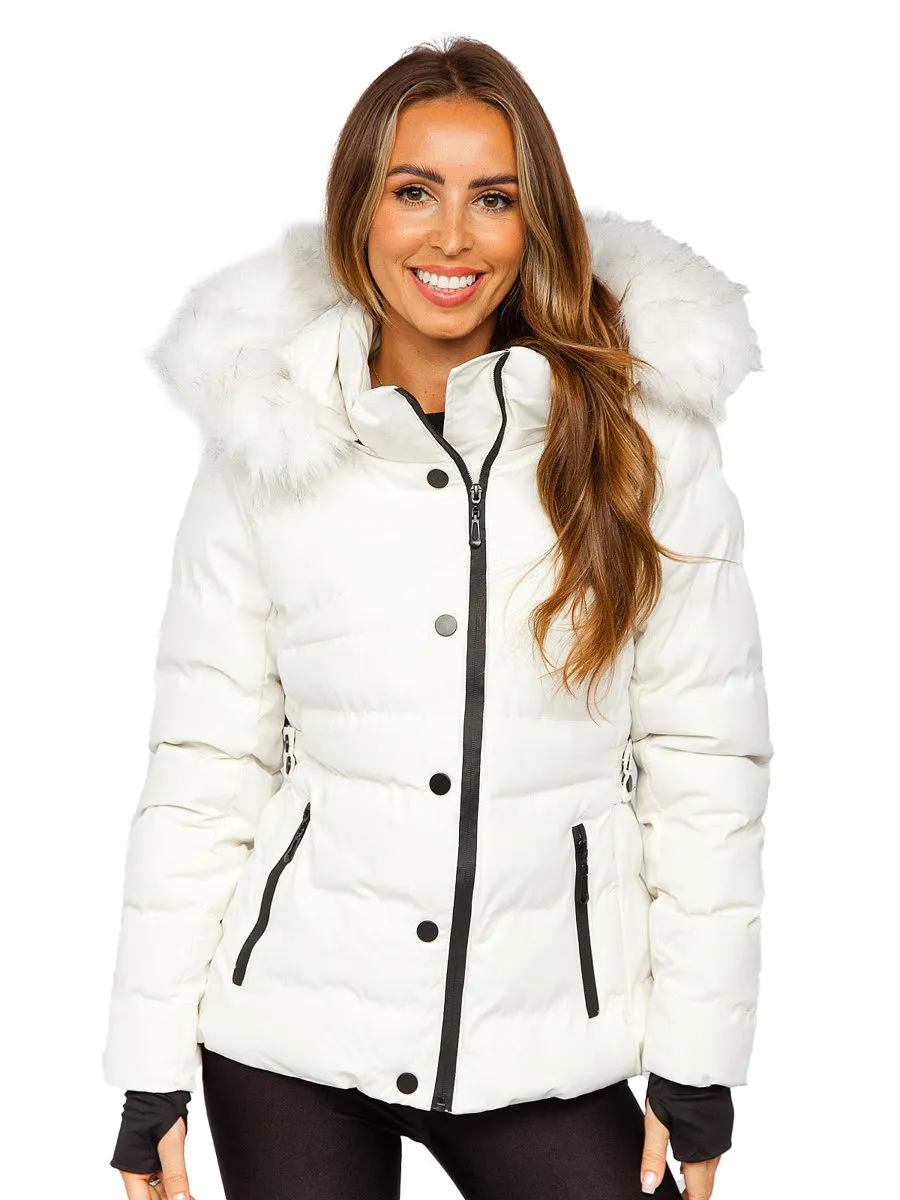 White women's quilted winter jacket with hood