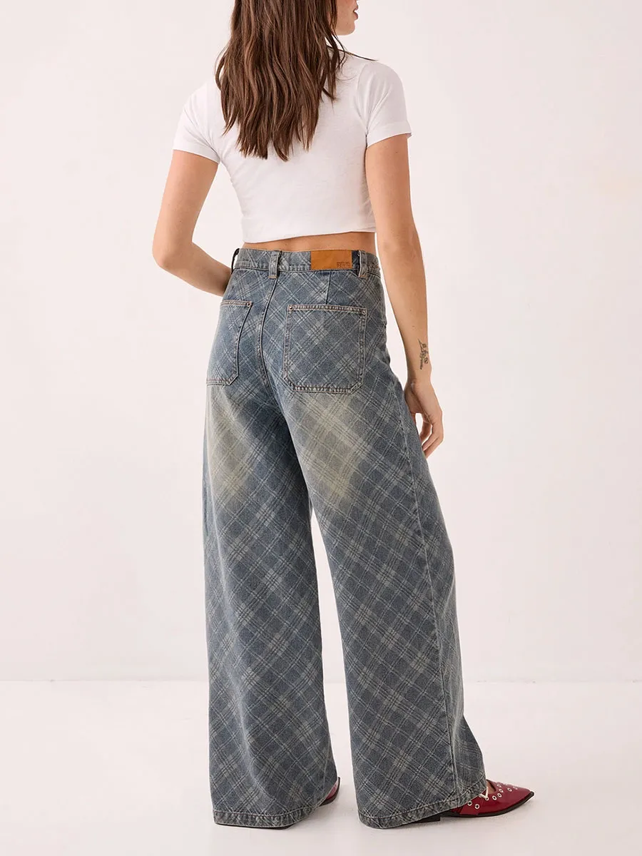 Women's Grey-Blue Plaid Wide-Leg Jeans