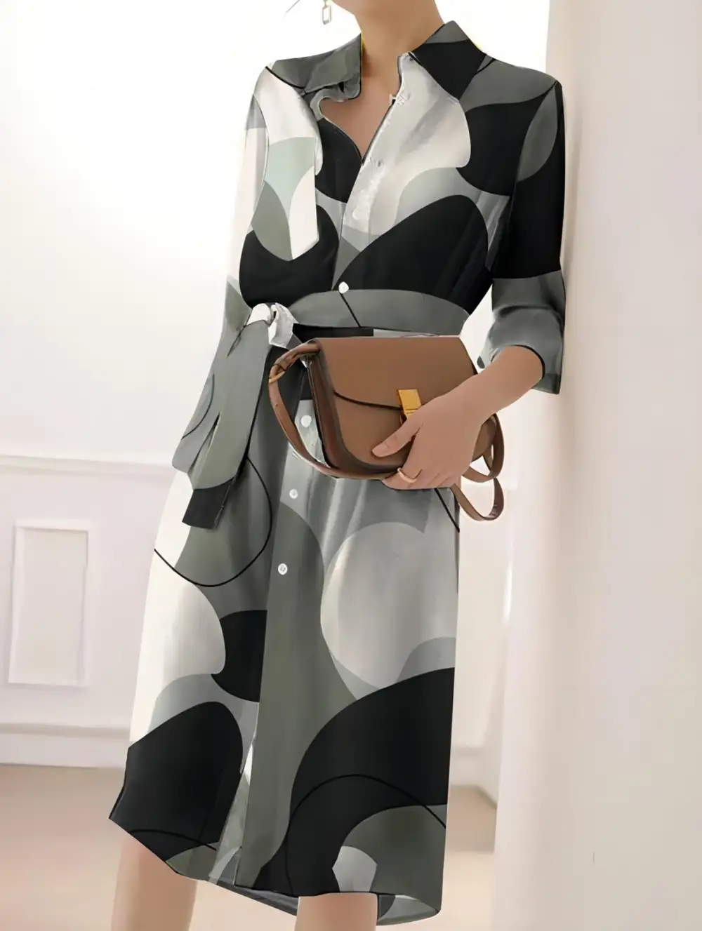 Geometric Print Split Hem Button Dress