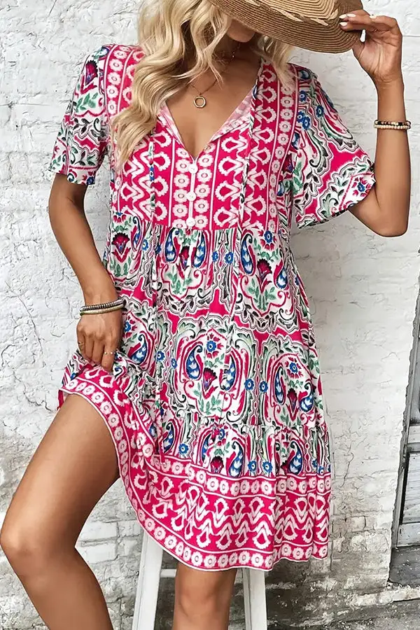 V Neck Button Casual Mini Dress