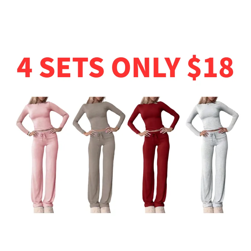 Women's Solid Color Long Sleeve Crop Tee & High-Waisted Drawstring Pants Set, Casual Everyday Slim Fit Outfit for Fall & Winter Seasons