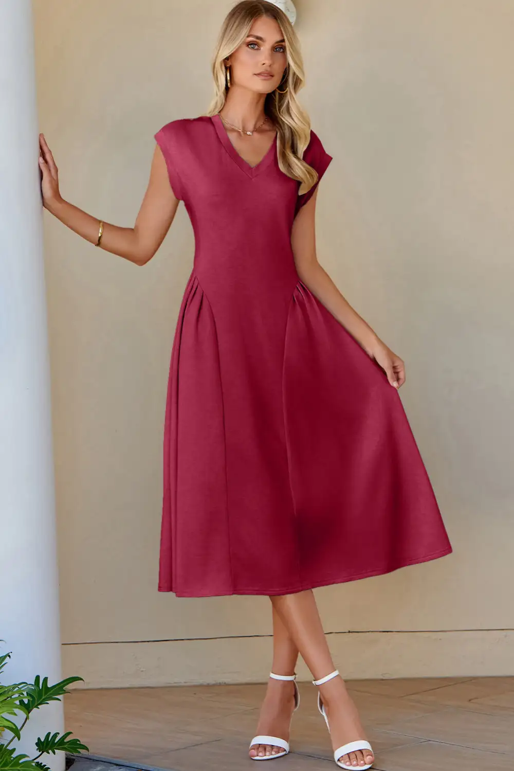 V Neck Pleated Flared Midi Dress