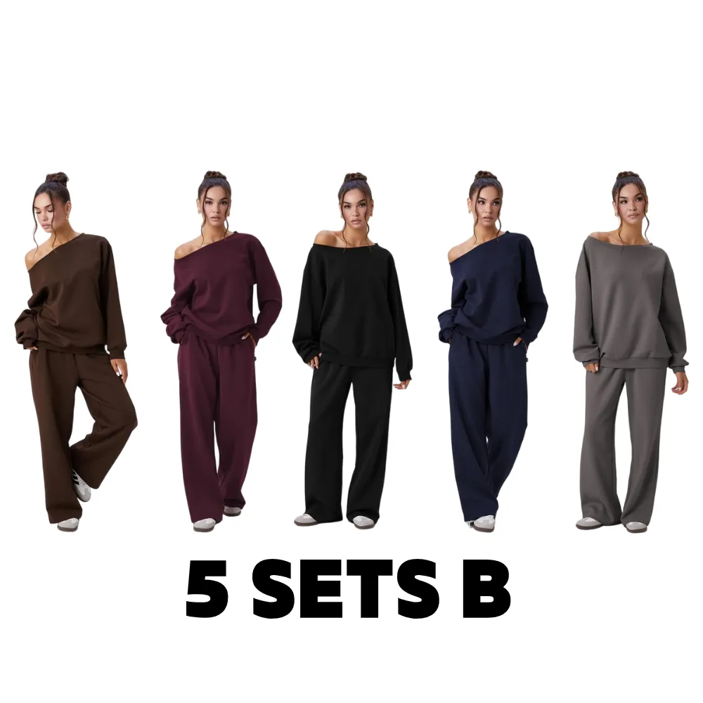 Women's Leisure Solid Color Sloping Shoulder Long Sleeve Top & Wide Leg Trousers