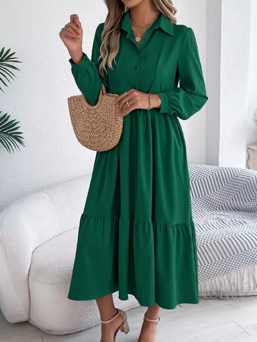 Button Front Tiered Long Sleeve Midi Dress