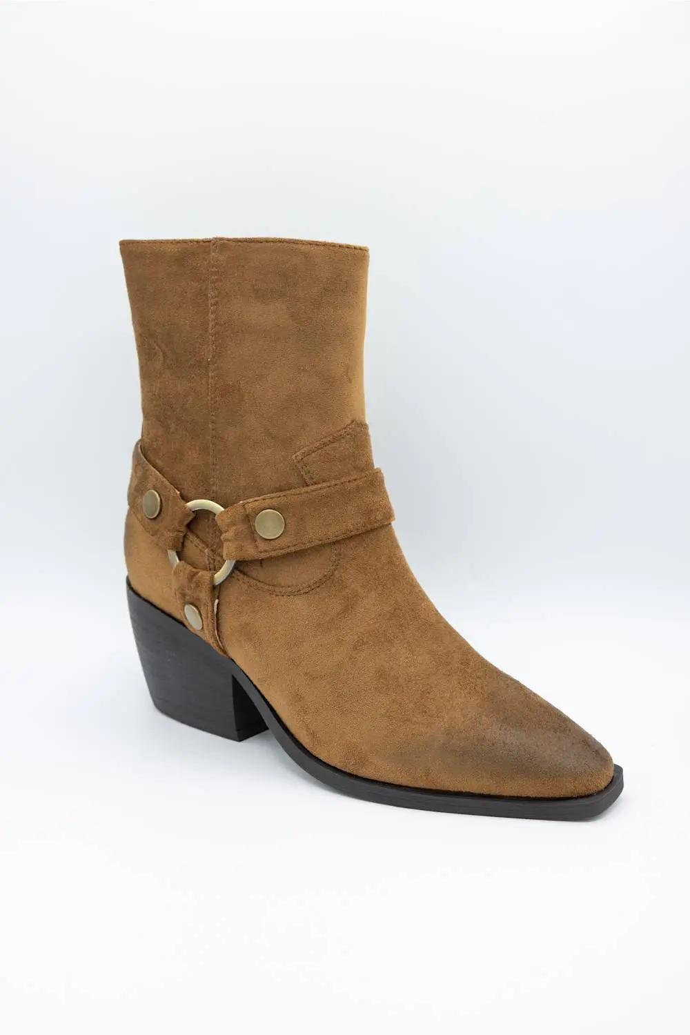 Modern Harness Suede Pointed Toe Mid Calf Bootie