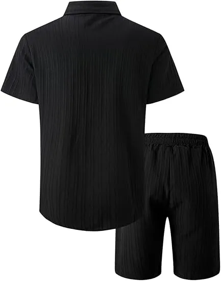 Men'S Solid Textured Short Sleeve Button Front Shirt & Pocket Drawstring Waist Shorts Two-Piece Set, Casual Summer Outfits Clothes Set For Men, Sets For Men Clothing, Menswear,  Summer Outfits Set
