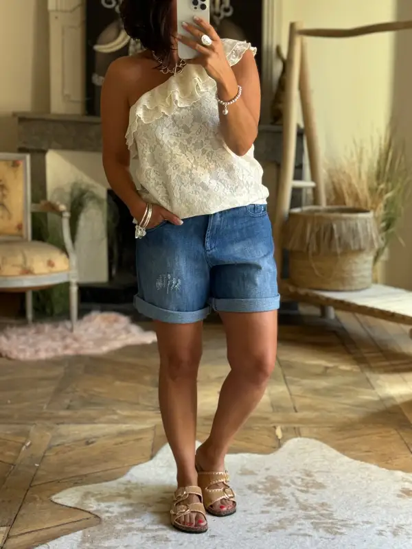 Cotton Lace-Trim One-Shoulder Blouse