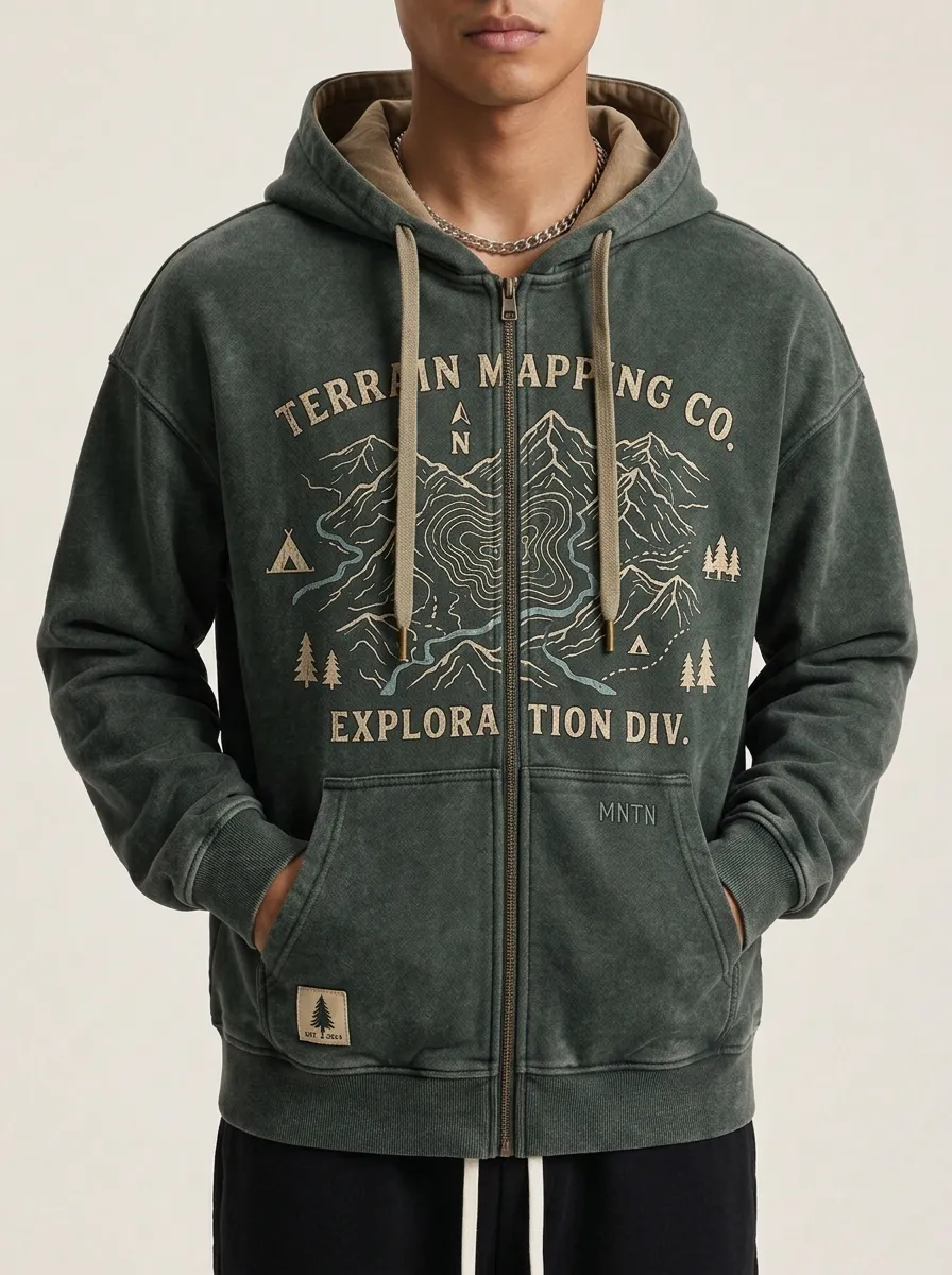 Men's Outdoor Adventure Terrain Mapping Printed Zip Up Hoodie