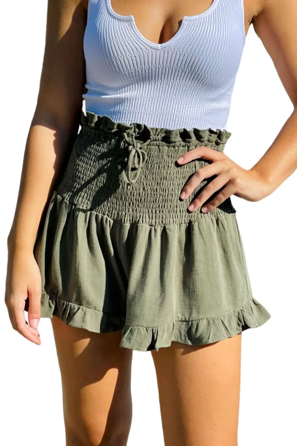 Linen Blend Ruffle Trim Drawstring Casual Shorts