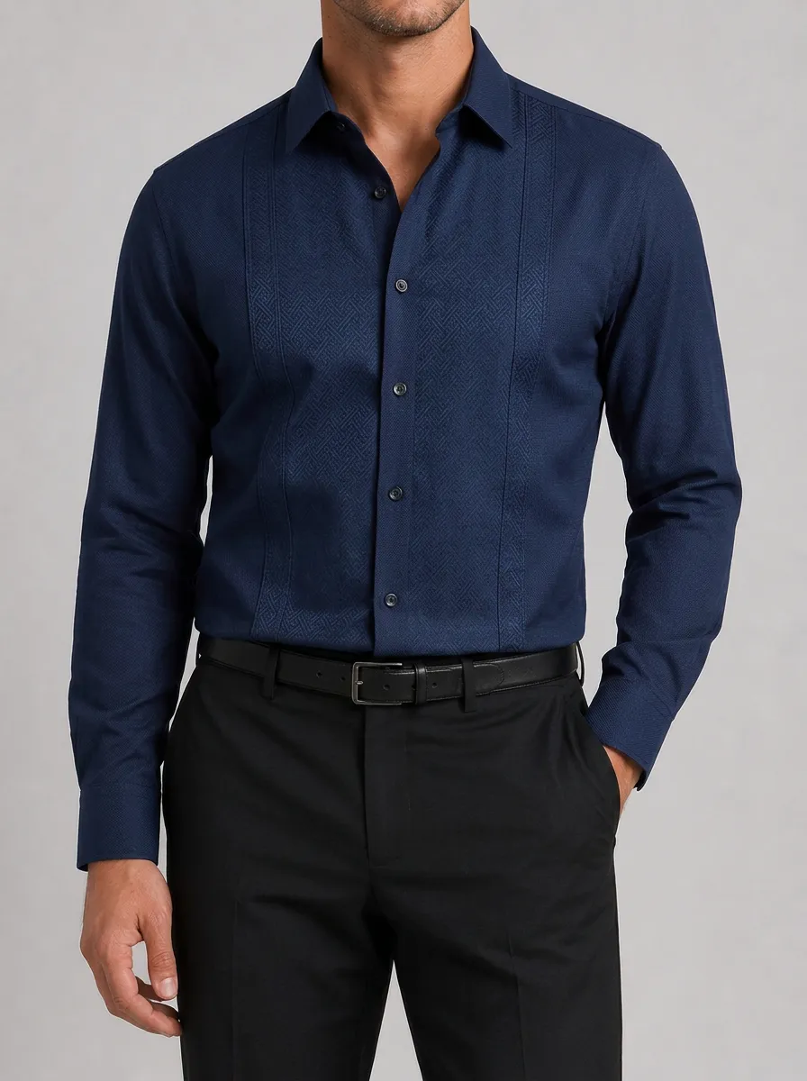 Men's Navy Blue Geometric Pattern Embroidered Long Sleeve Shirt