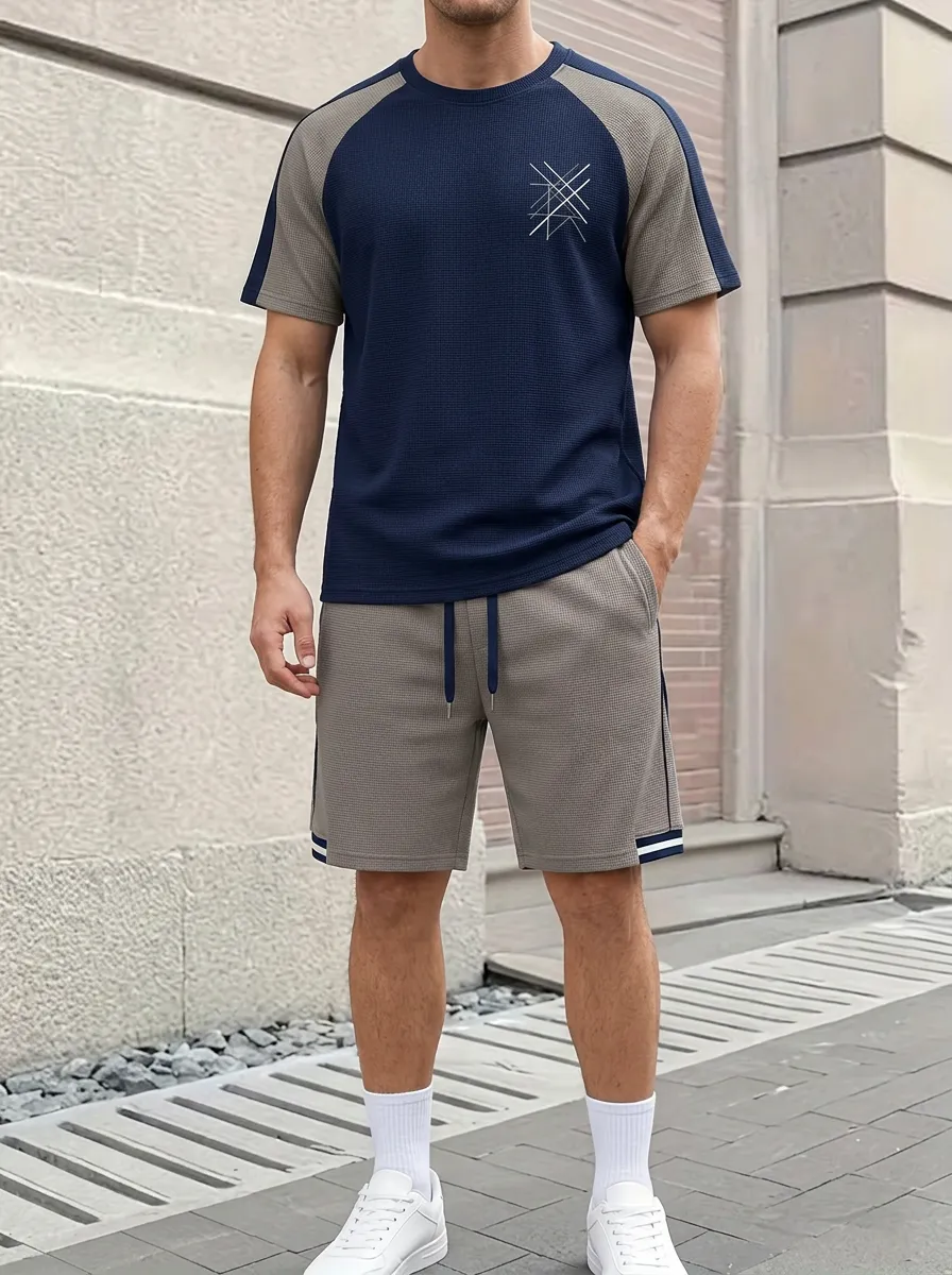 Casual Waffle Texture Geometric Pattern Collection Men's T-Shirt And Shorts Set