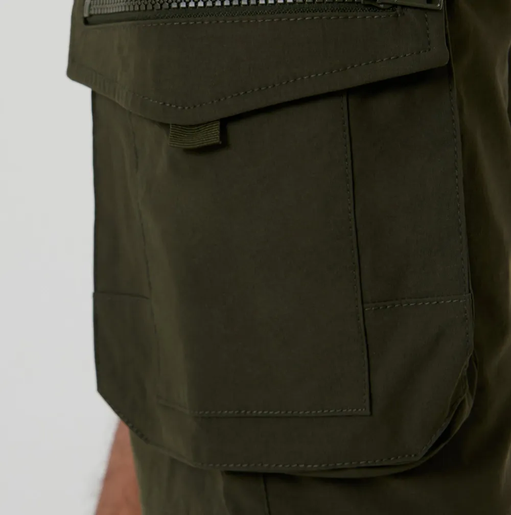 Men's Khaki Green Elastic-Waist Stretch Cargo Shorts