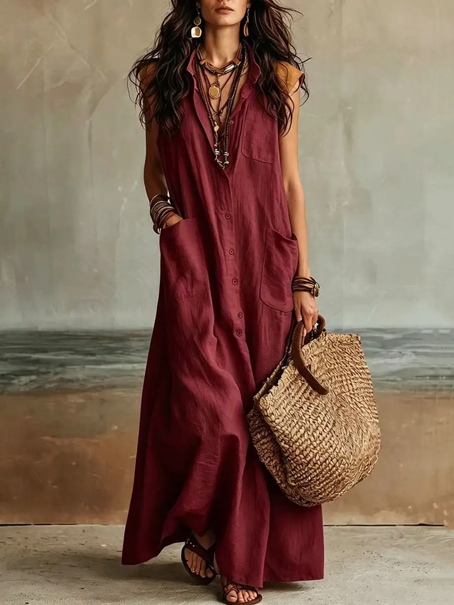 Loose Buttoned Sleeveless Maxi Dress