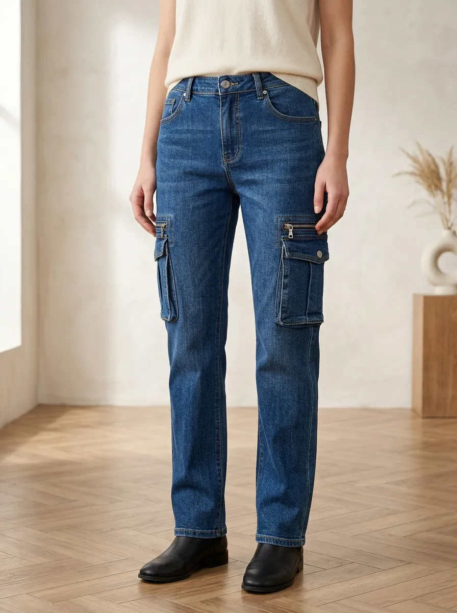 Women's Casual Streetwear Multi-Pocket Zipper Denim Cargo Pants