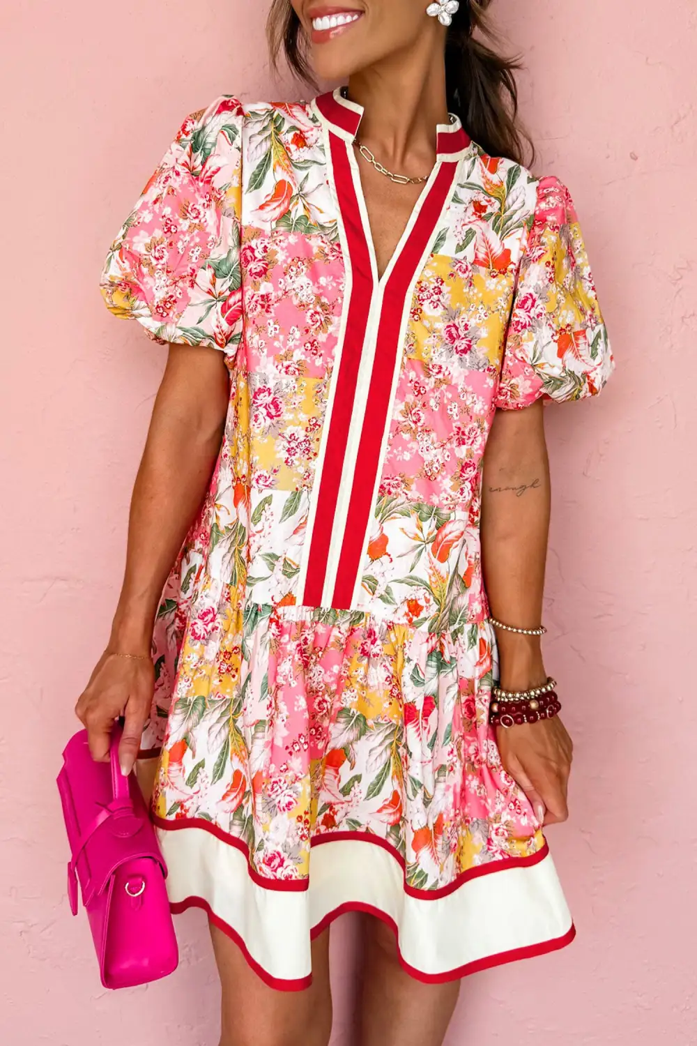 Floral Patchwork V Neck Mini Dress