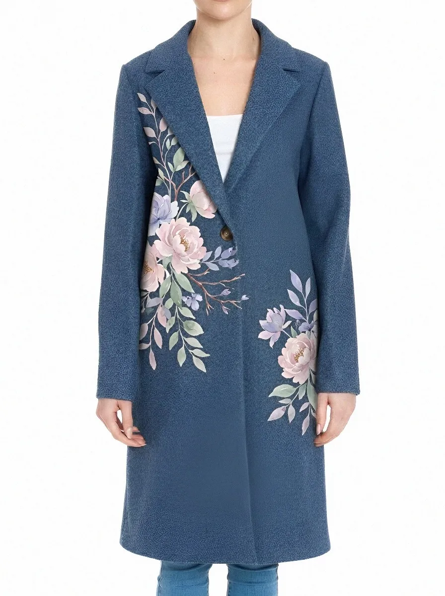Women's Floral Lover Watercolor Peony Printed Wool Coat