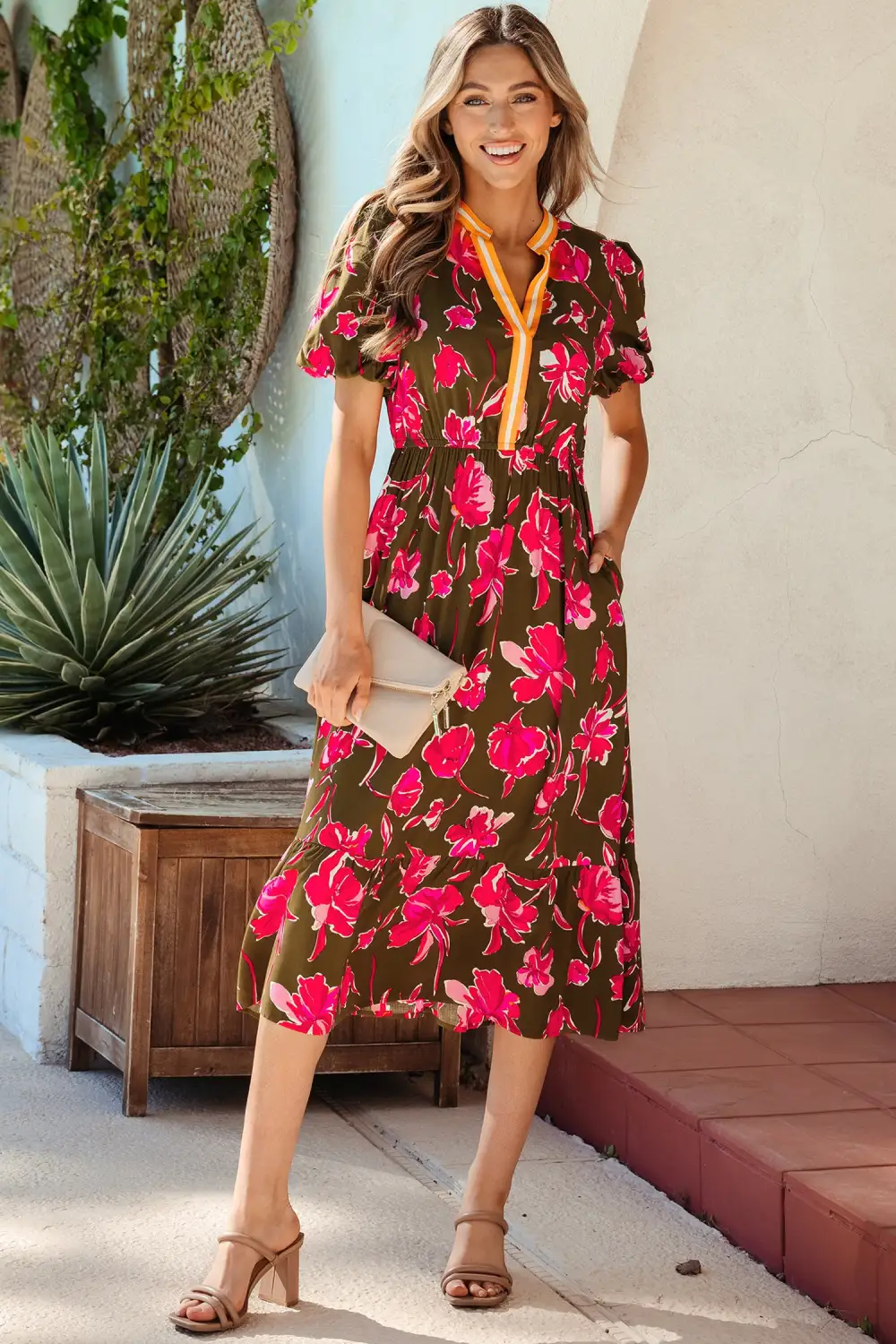 Floral Striped Split Neck Maxi Dress
