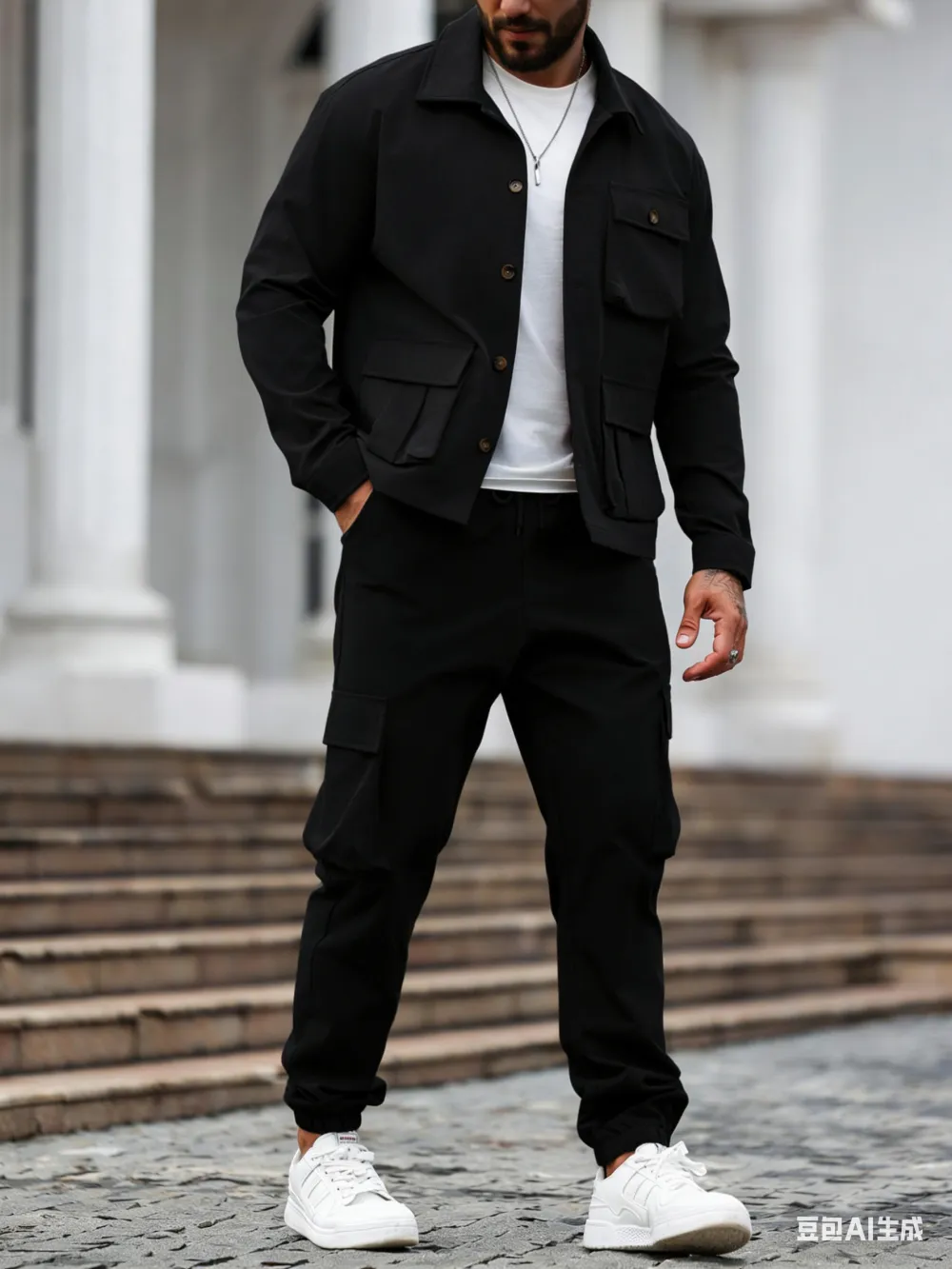 Men's Solid Color Pocket Button Front Shirt & Pants Two-Piece Set