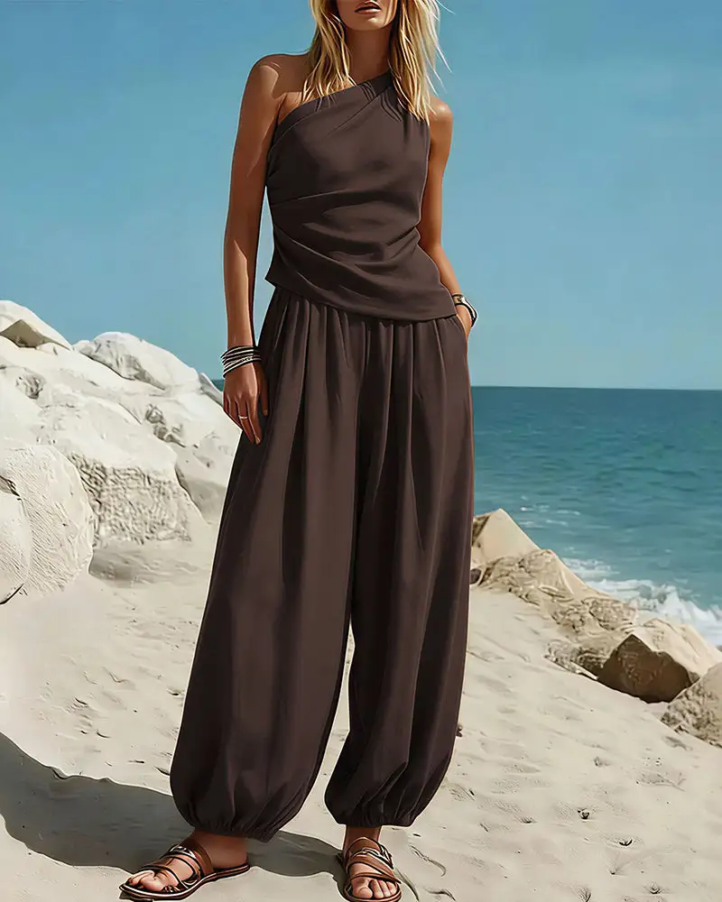 Draped Top and Flowy Harem Pants Two-Piece Set