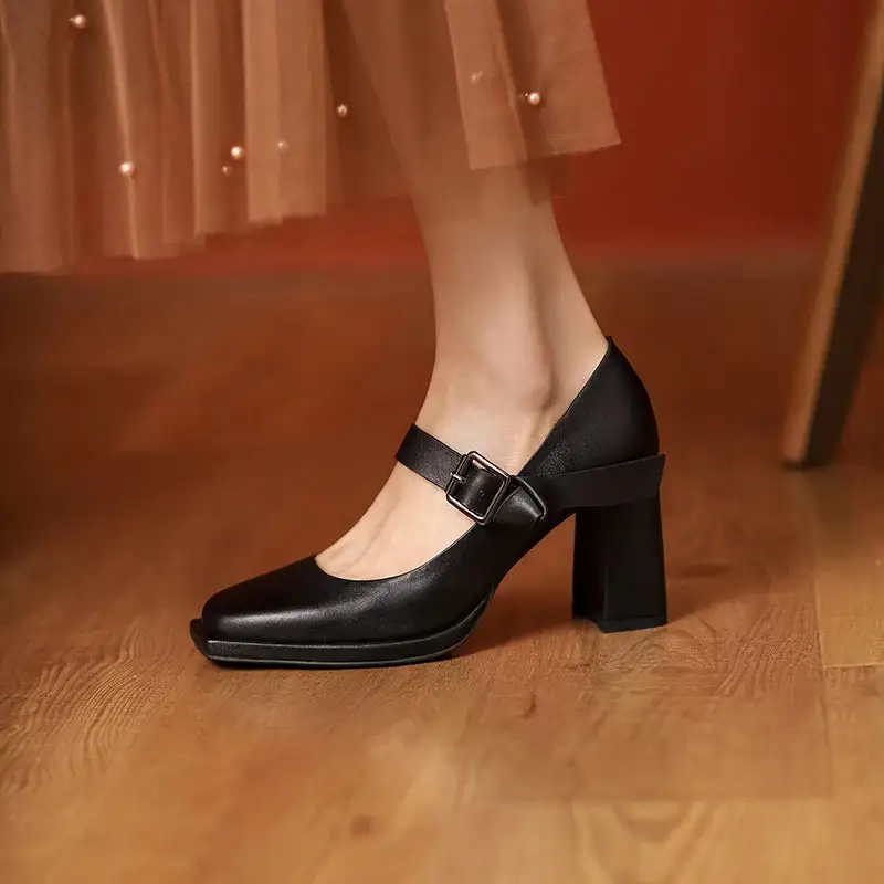 Round Toe Lace Up Buckle Strap Chunky Heel Pumps