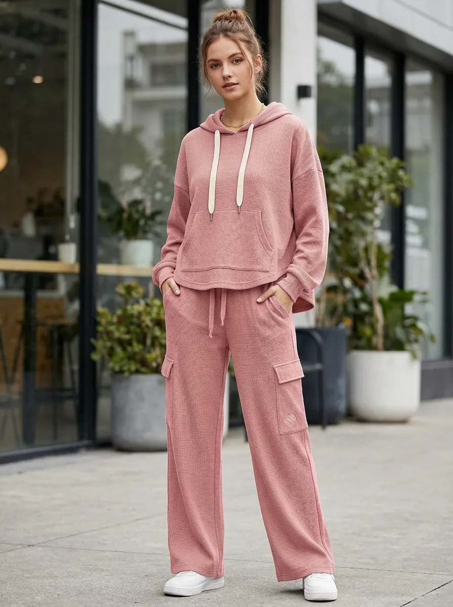 Women's Casual Olive Waffle Knit Cargo Pocket Hoodie Jogger Set