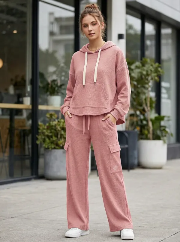 Women's Casual Olive Waffle Knit Cargo Pocket Hoodie Jogger Set