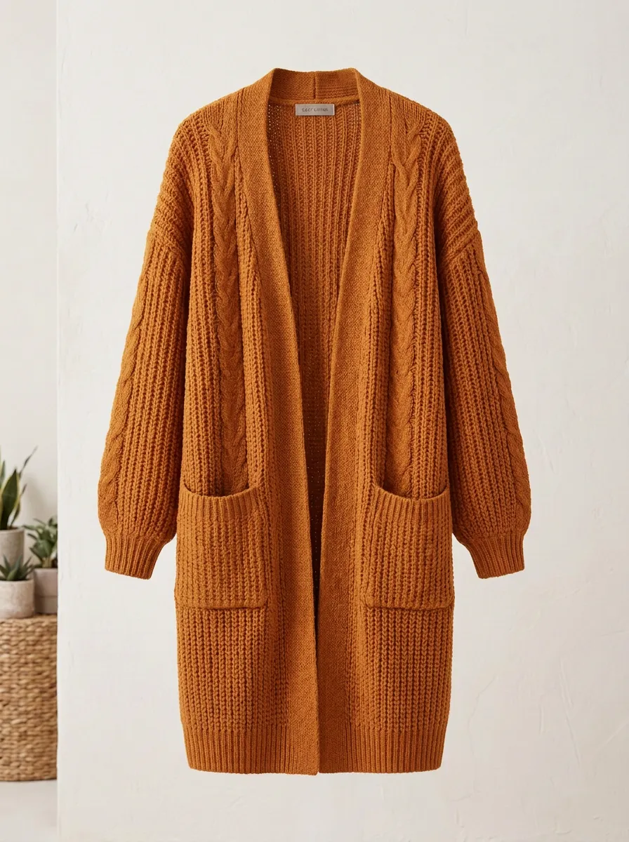 Women's Fall Cable Knit Open Long Cardigan