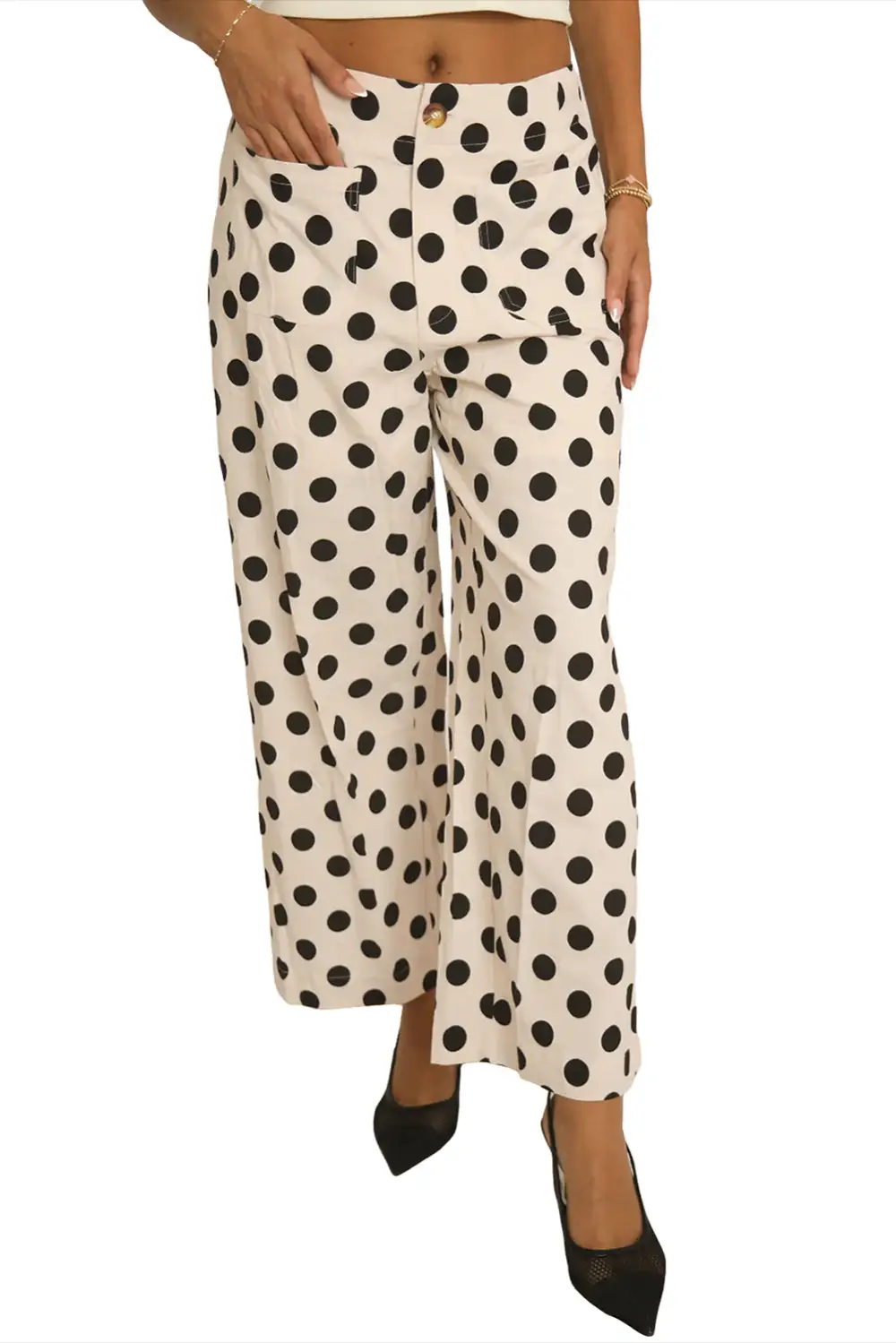 Polka Dot Print Patch Pocket Pocket Loose Pants