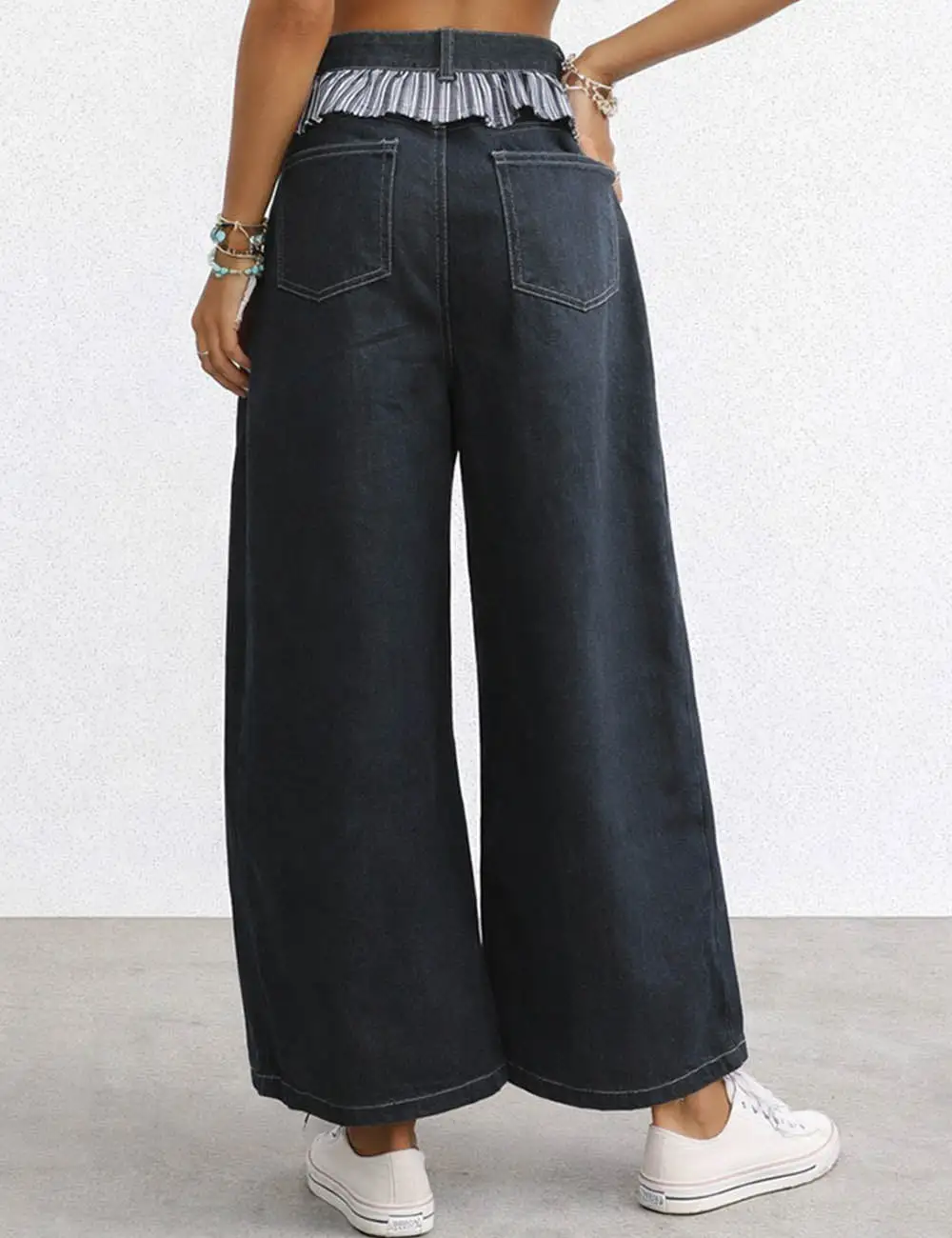 Checked Panel Button Pocket Barrel Leg Denim Pants