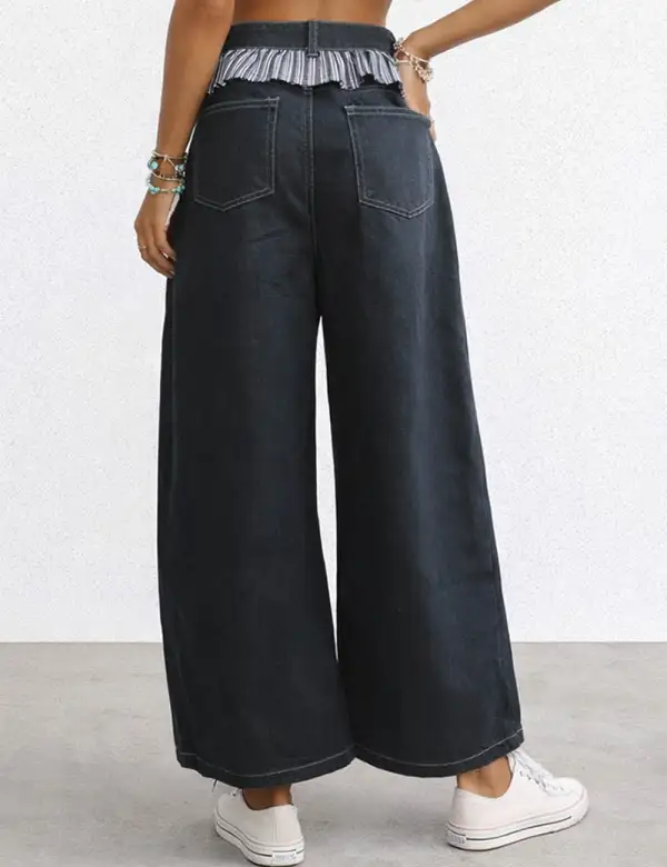 Checked Panel Button Pocket Barrel Leg Denim Pants