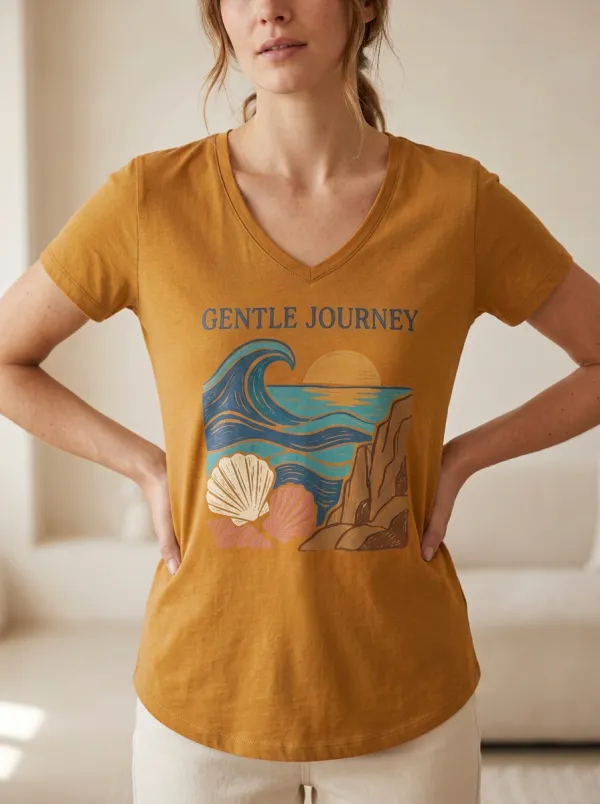 Women's Beach Gentle Journey Ocean Wave Seashell Print T-Shirt