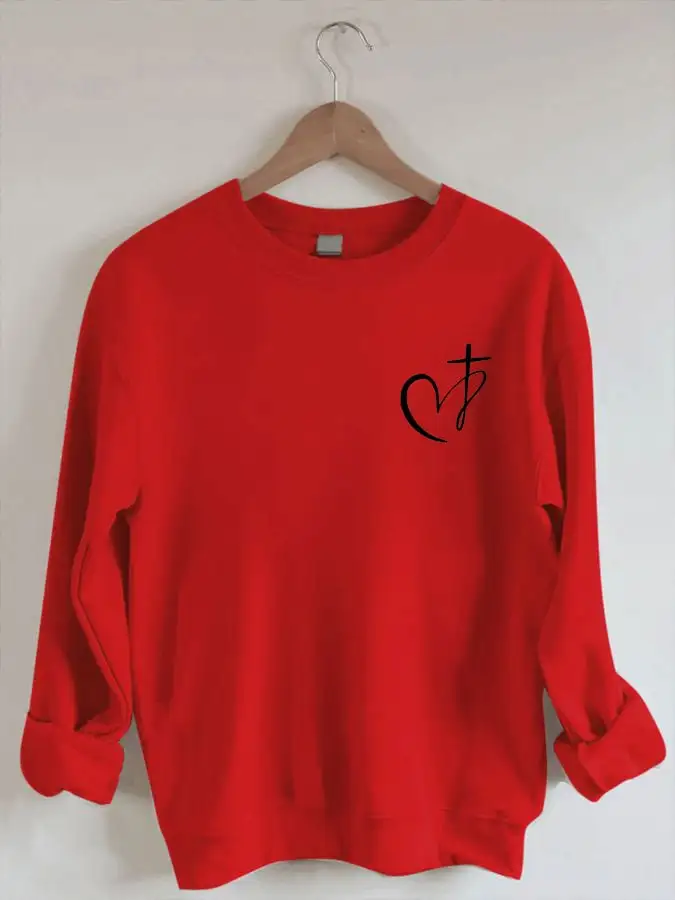 Women's Heart Cross Christian Jesus Has My Back Print Sweatshirt