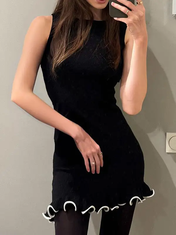 High Waisted Sleeveless Ruffle Trim Solid Color Round Neck Mini Dress
