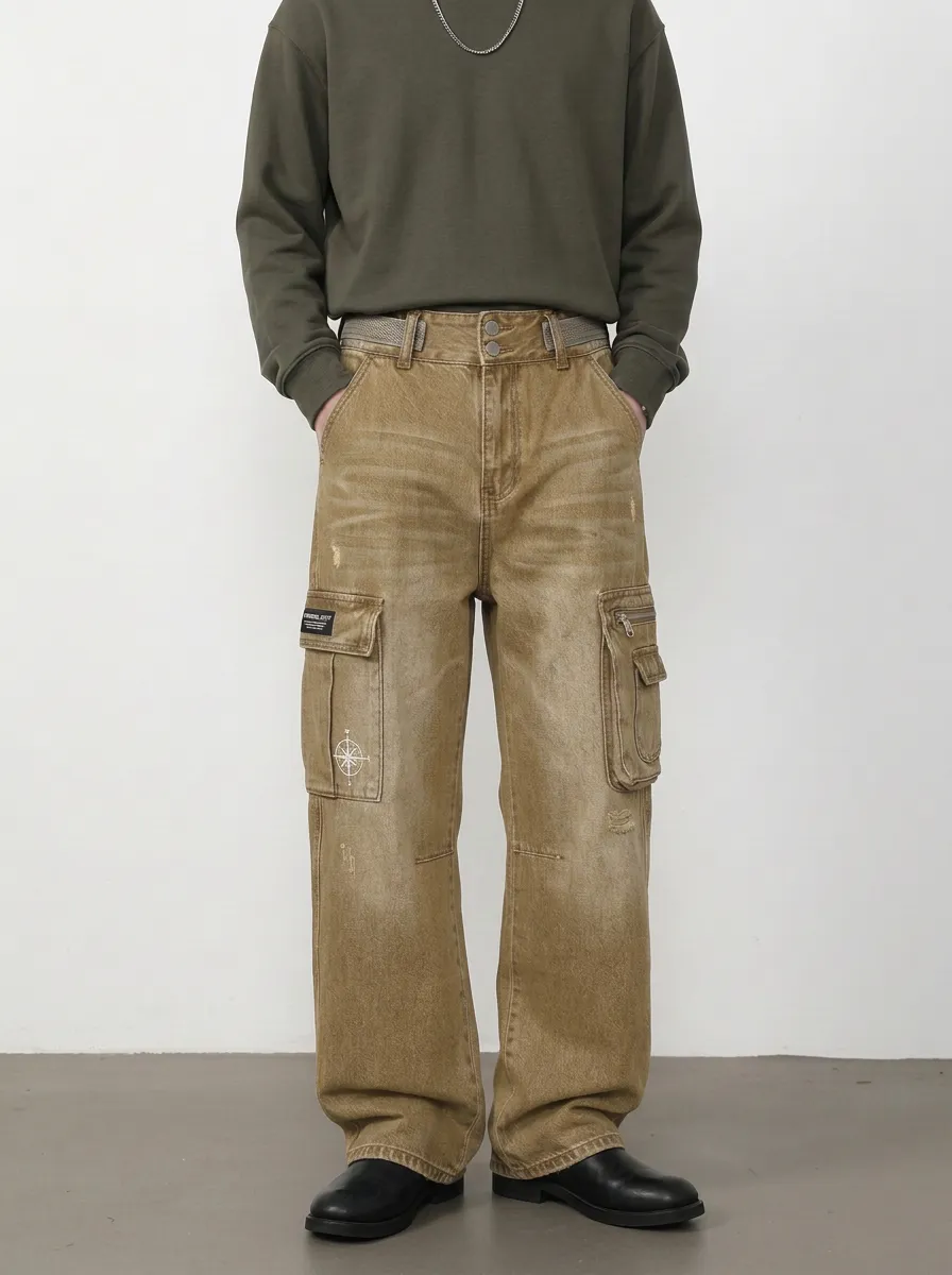 Men's Streetwear Compass Graphic Printed Denim Cargo Pants