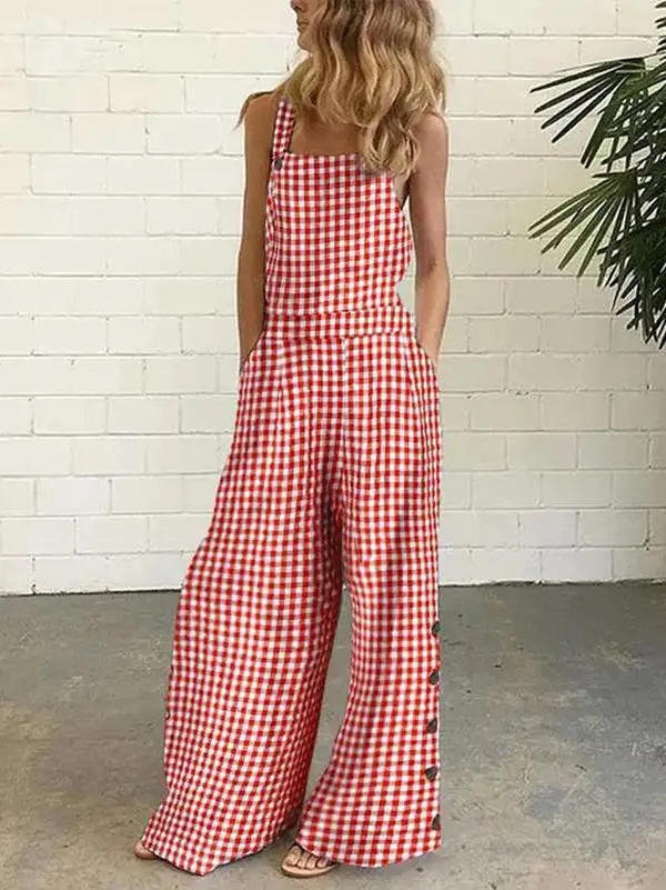 Contemporary Loose Sleeveless Buttoned Plaid Pockets Collarless Overalls