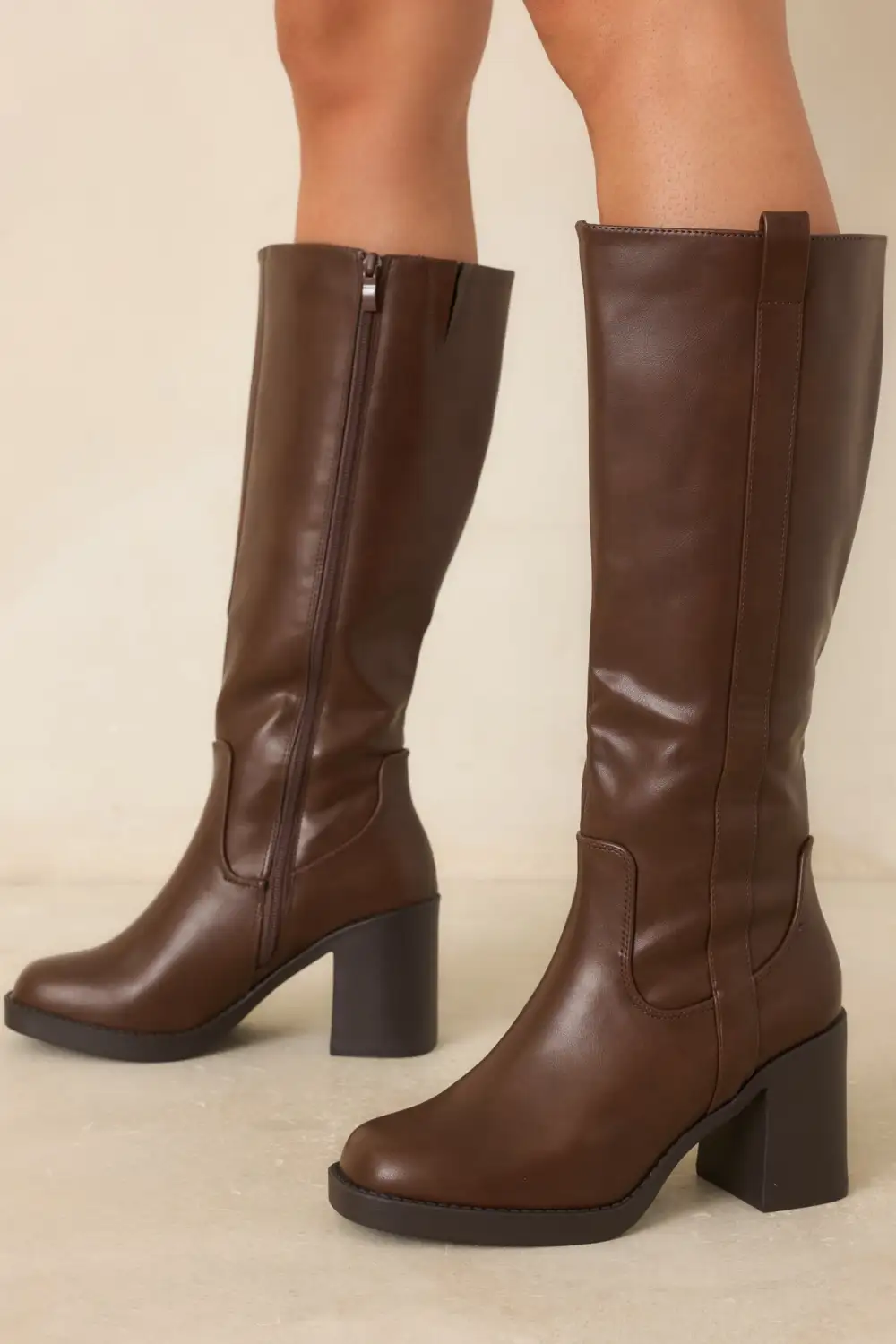 Faux Leather Block Heel Knee High Boots