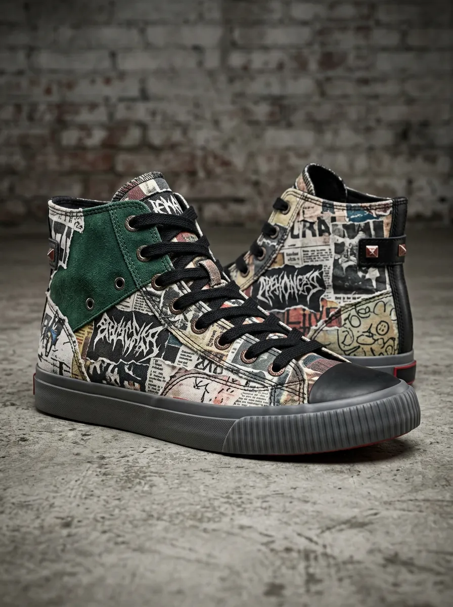 Men's Punk Rock Graffiti Newspaper Collage Printed Canvas Shoes