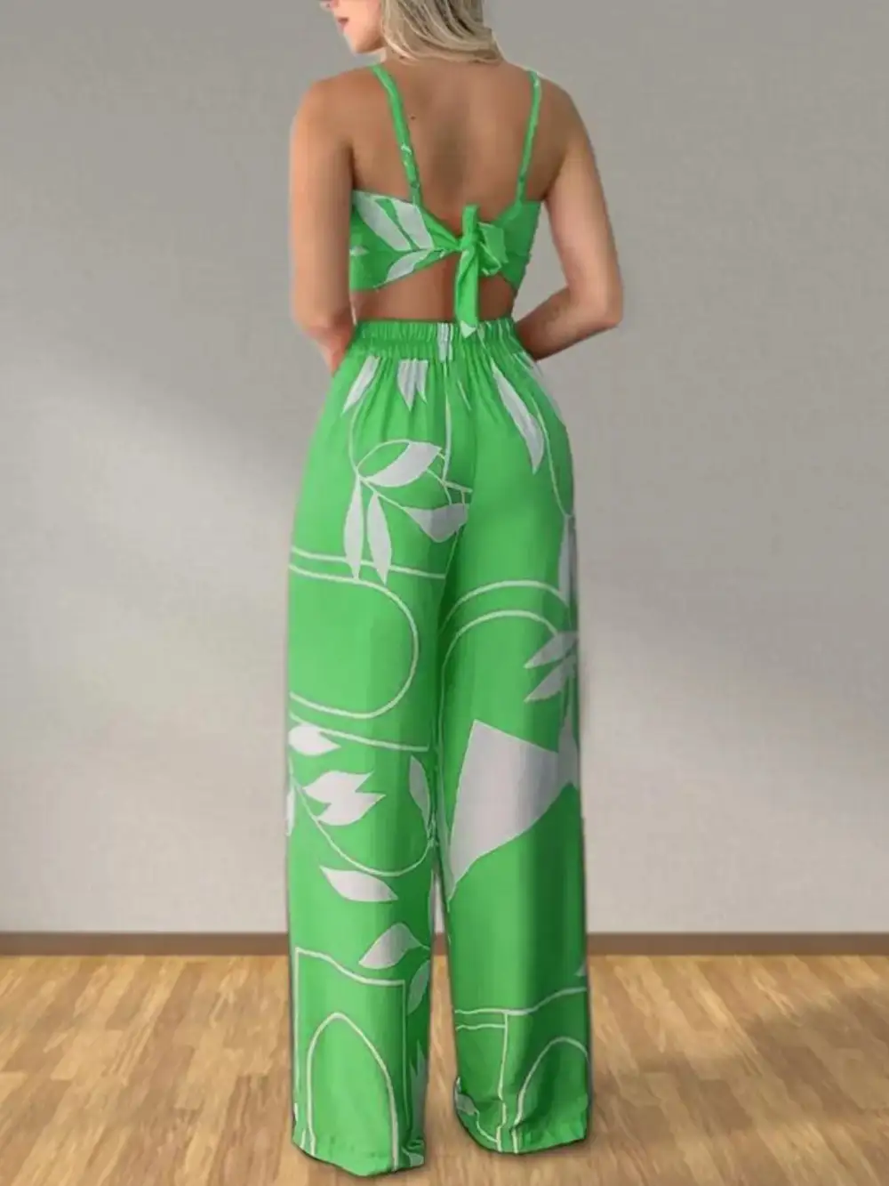 Tropical Print Spaghetti Strap Crop Top and Wide Leg